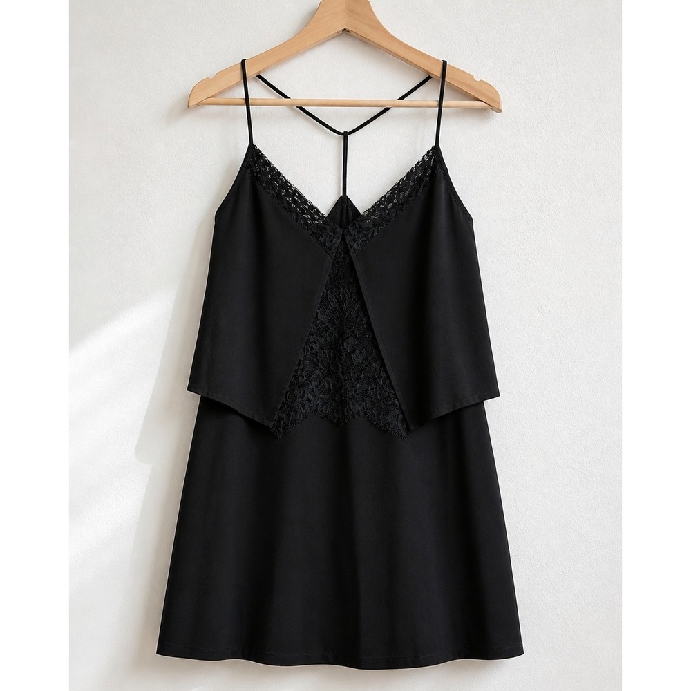 Madewell Black Slip Dress Lace Layered Mini Silk Feel Lined Size 6